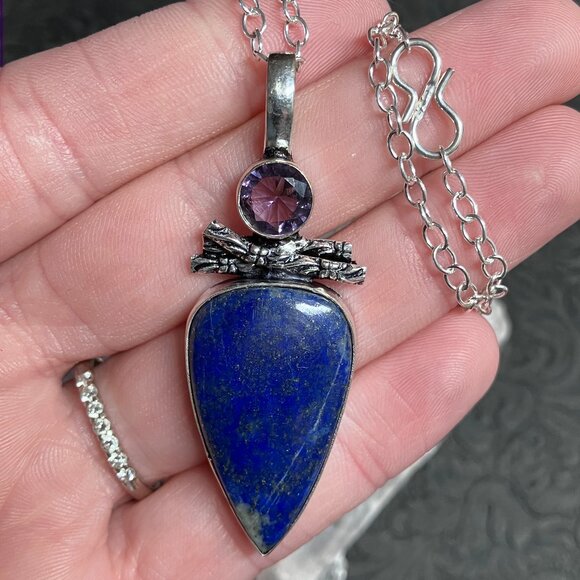 Amethyst and Lapis Lazuli Witchy Pendant Necklace Stone Crystal Jewelry - Picture 1 of 9